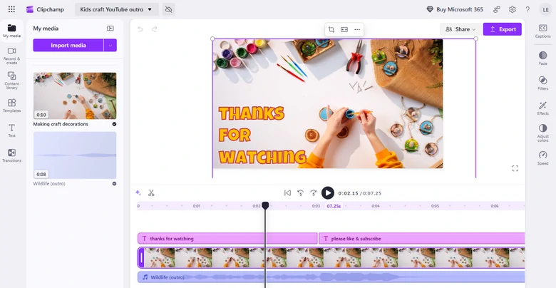 ClipChamp Editing Panel Overview