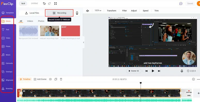 Tons of image and video tools within FlexClip to make screen recording and video edits easy