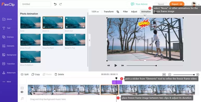 Freeze the slam dunk frame in the video by FlexClip