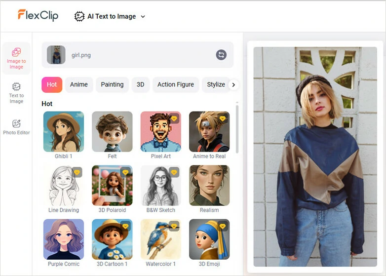 Open FlexClip's Image-to-image Tool and Import Your Selfie