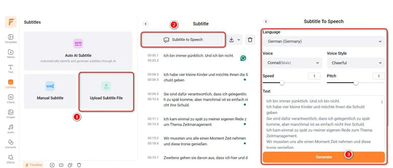 Turn Subtitle Files into German Speech in FlexClip