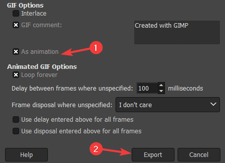 GIMP Create GIF - Export 