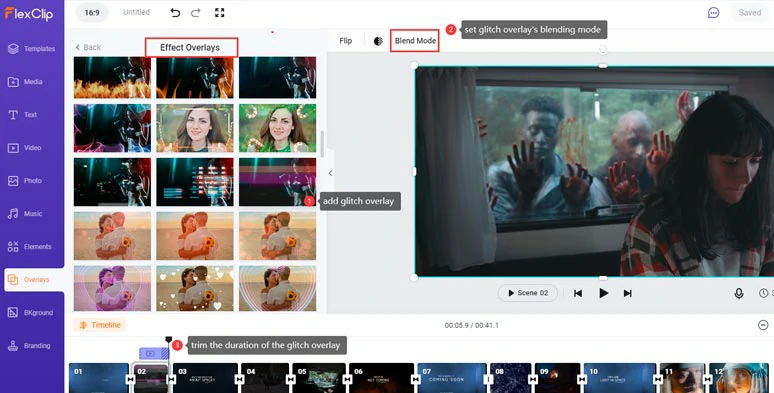 Add glitch overlay to your clips and sets its blending mode and trim its duration