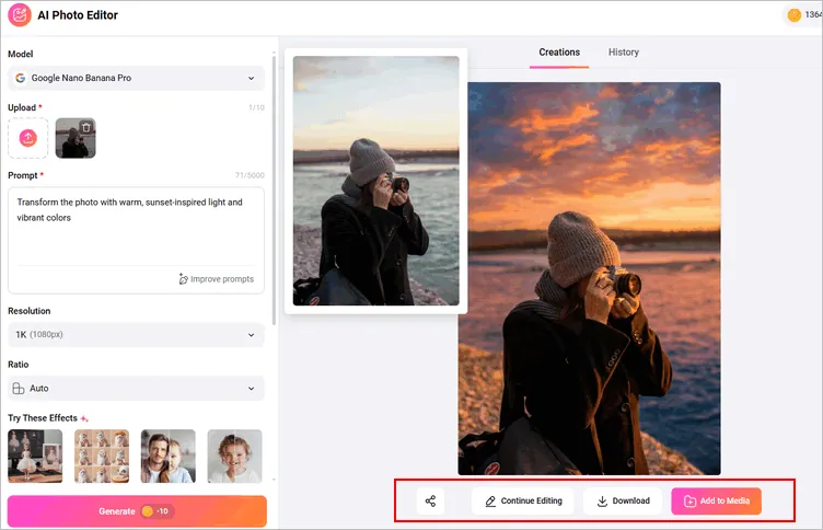 Download the AI-generated Golden Hour Photo or Keep Editing