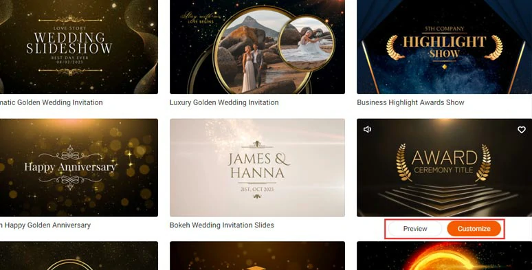 Select the golden video template for the golden awards opener