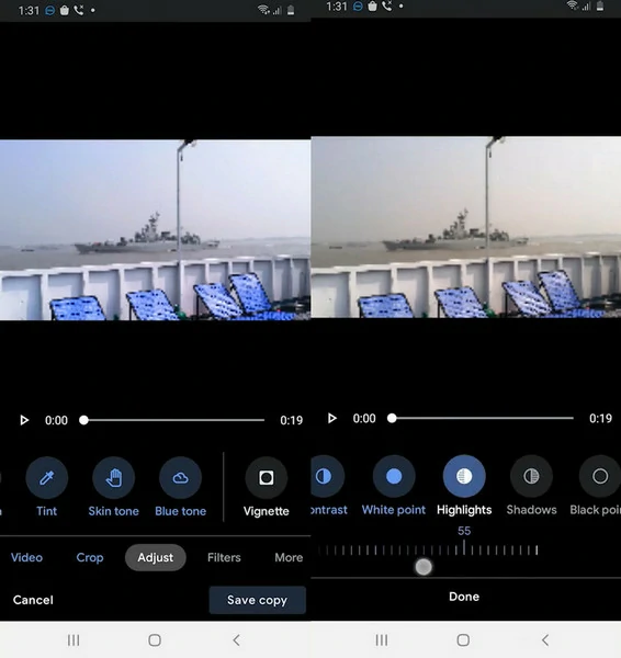 Adjust Section on Google Photos App