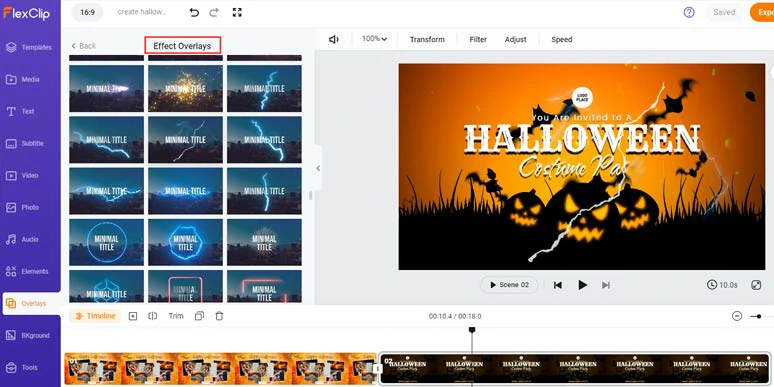 Add creative effects overlays like lightning, fire, etc. to spice up your Halloween intro