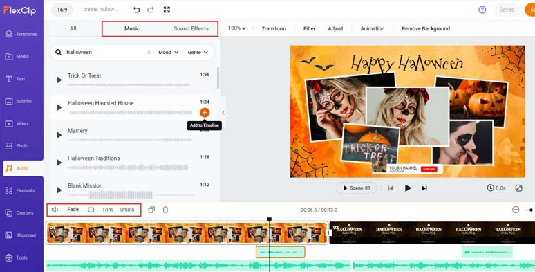 Add royalty-free Halloween music and sound effects to create the vibe