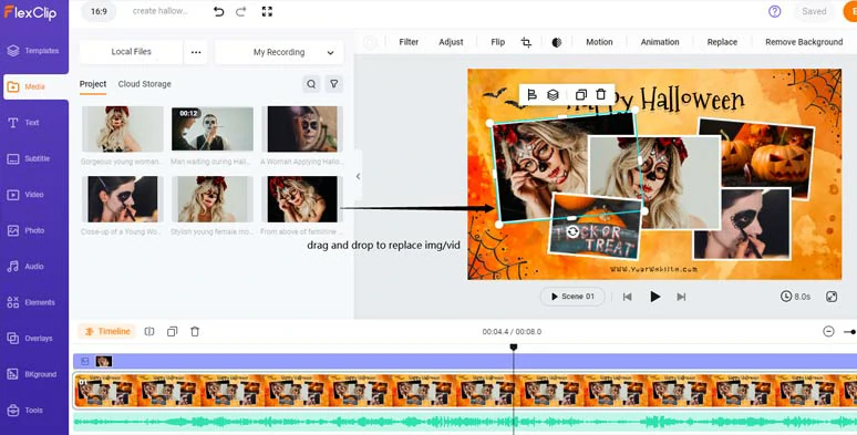 Drag and drop to replace premade Halloween images and videos with yours
