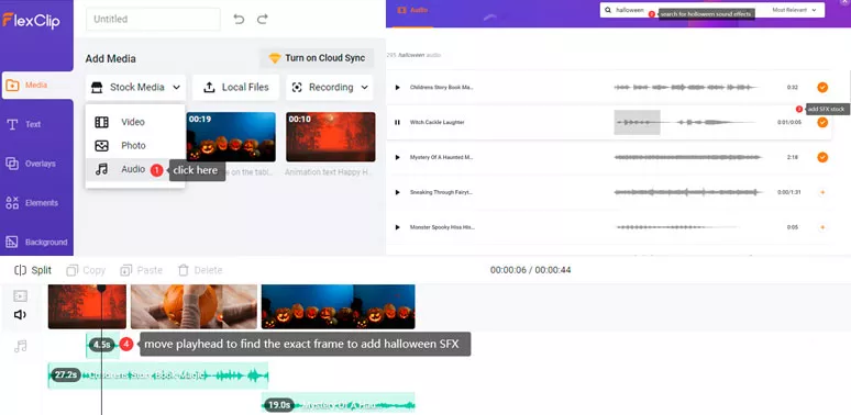 Add multiple Halloween sound effects to Halloween videos using FlexClip