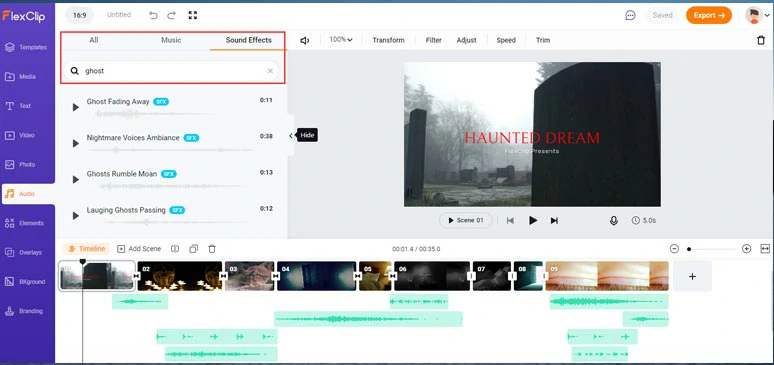 Add multiple royalty-free Halloween sound effects and music to your clips by FlexClip