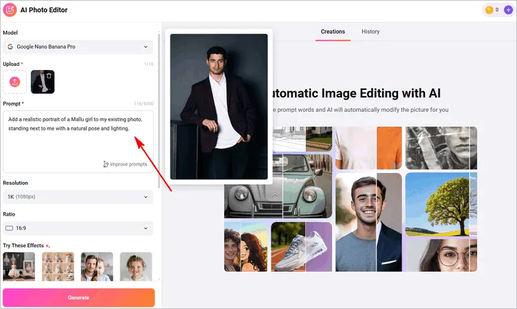 Add a Person in a Photo Online with FlexClip AI - Add Prompt