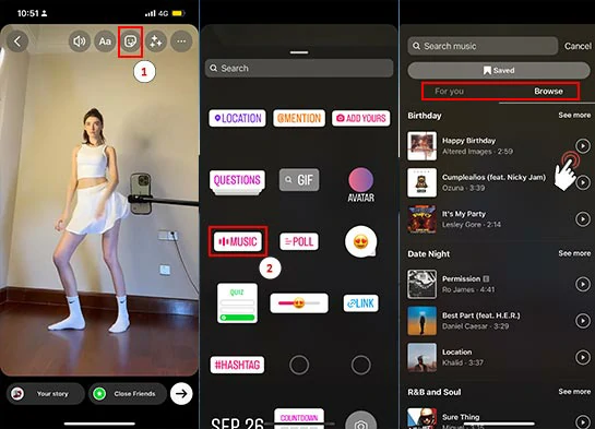 Add audio or music to Instagram Story using the built-in music in IG’s Music Sticker