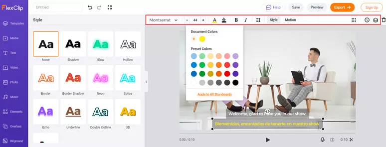 Customize bilingual subtitles by FlexClip