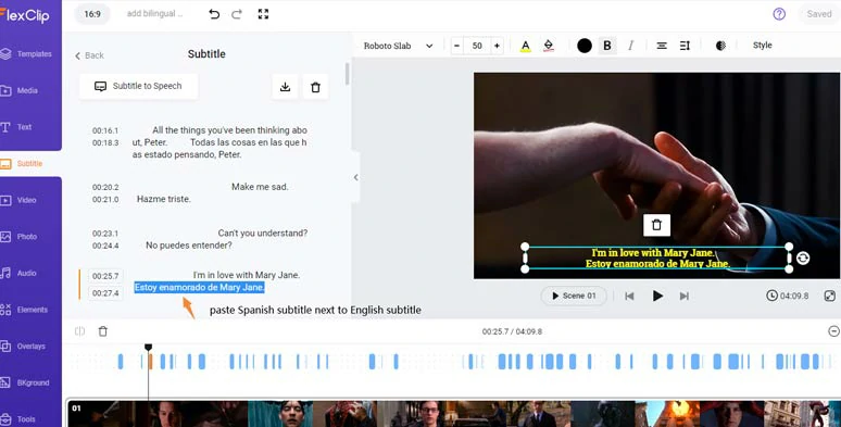Copy and paste Spanish subtitles to English Subtitles to create bilingual subtitles in your video