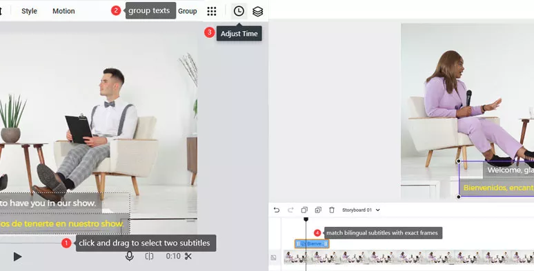 Group bilingual subtitles and match them with exact frames in the video