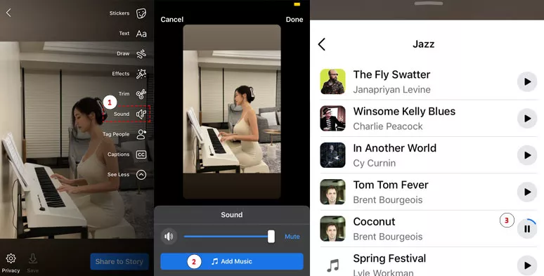 Add music to video on Facebook Story video
