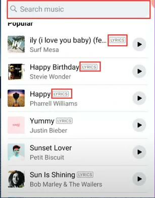 Select a song with lyrics label in Facebook’s music library