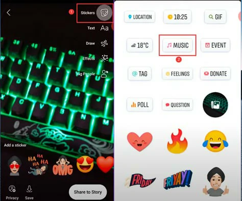 Tap the sticker icon and select the music option
