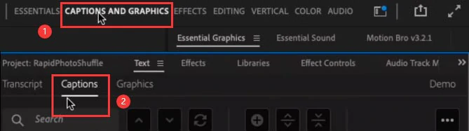 Open the caption window in Premiere Pro