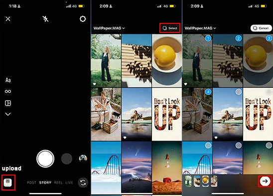 Select and upload multiple photos to Instagram Story