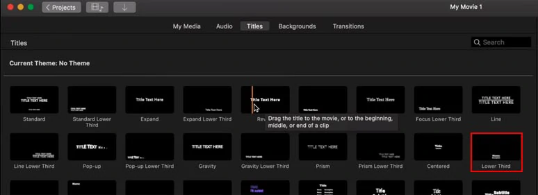 Select a lower-third iMovie title and drag and drop it to the timeline