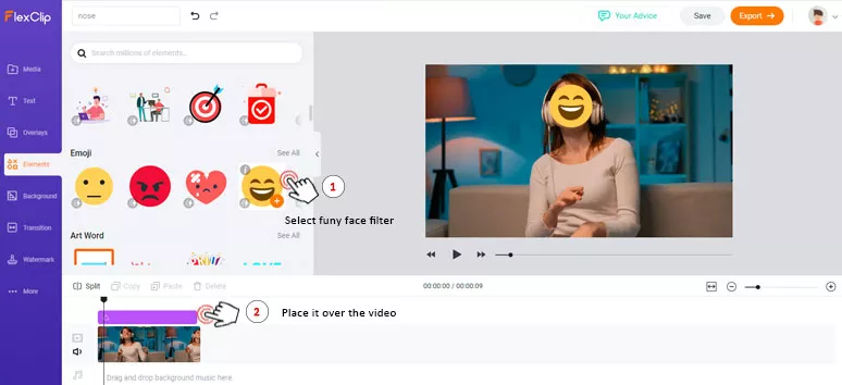 Add funny face filter to the video by FlexClip
