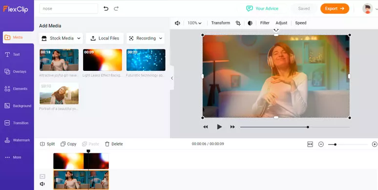 Add light leaks effects to videos by FlexClip