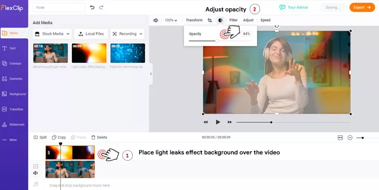 Apply the light leaks filter to the video