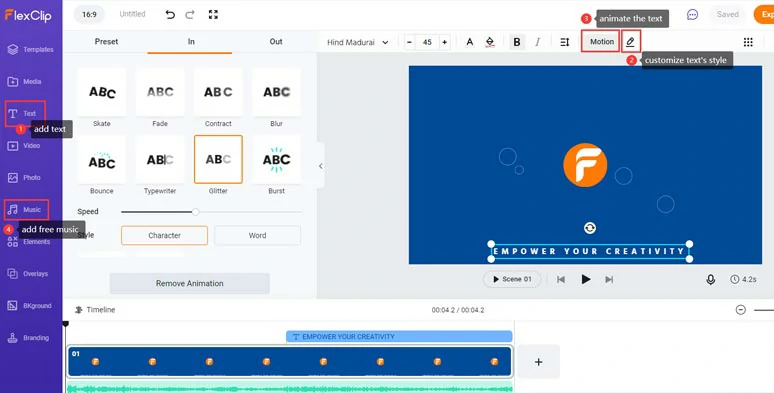 Add animated texts and free music for your logo animation