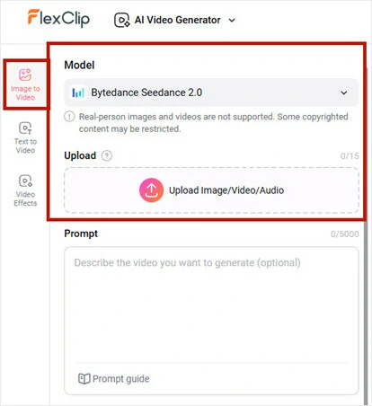 Upload an Image to FlexClip's AI Image-to-video Generator and Select a Generation Model
