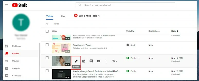 Select a YouTube video and click the edit button 