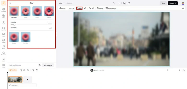 How to Blur Video Online: Add Video to Timeline and Select the Blur Effect You Like