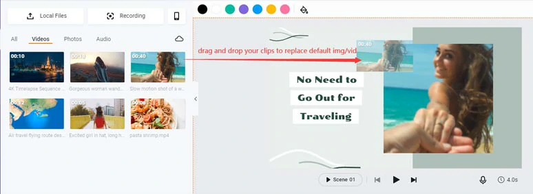 Drag and drop your video assets to replace default images or videos