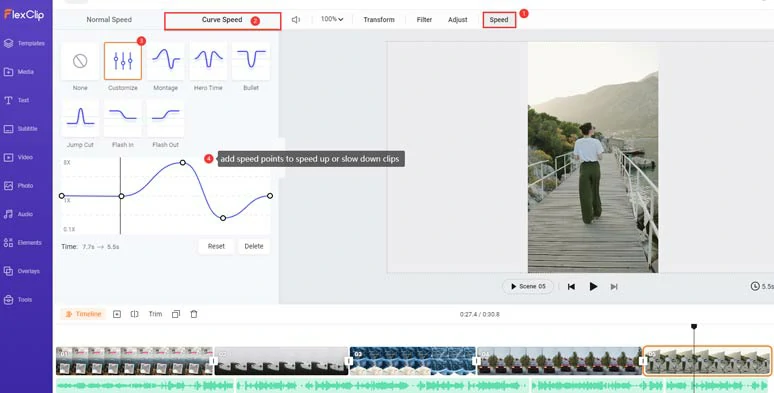Use the speed curve to speed up or slow down clips to cut to the beat