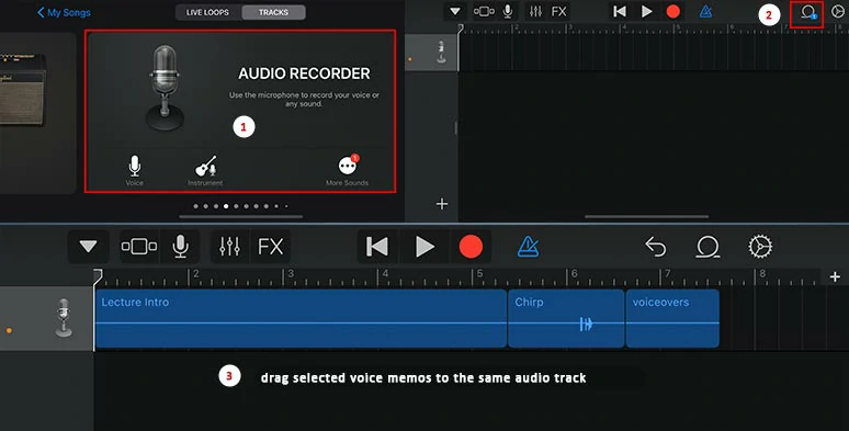Import selected voice memos to GarageBand audio recorder for edits