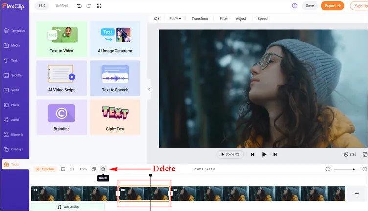 Cut Video in Middle Online with FlexClip - Delete