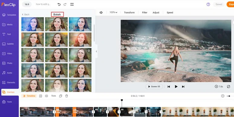 Add bokeh or lens flare creative effects overlays to add cinematic vibes to your QuickTime videos