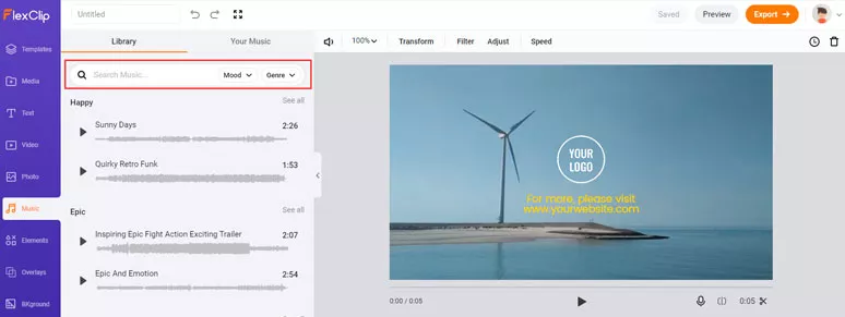 Add music or sound effects from FlexClip’s huge music library 