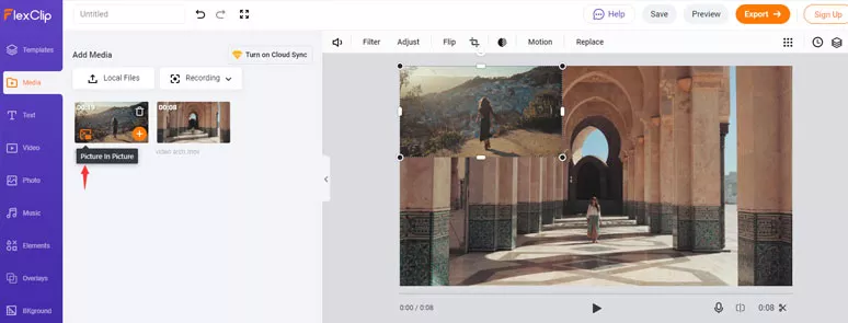 Add the second video as an overlay to create picture-in-picture effects