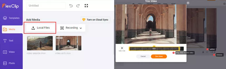 Upload clips to FlexClip and trim or split the video