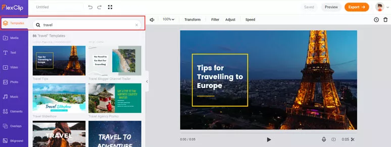 Select a premade video template to edit your video assets