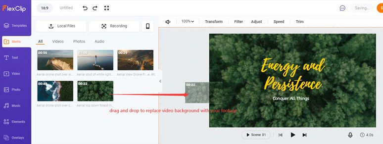 Drag and drop to replace the default video background with your drone footage