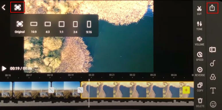 Set the aspect ratio of the final drone video and export it to your phone