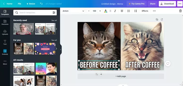 Edit meme templates of Canva meme generator