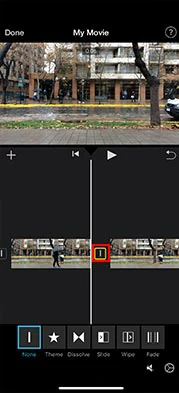 Add transitions to split clips on iPhone using iMovie