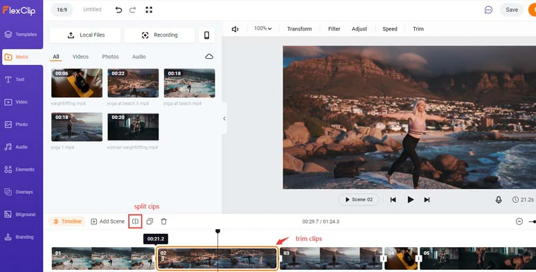 Trim and split clips on the timeline