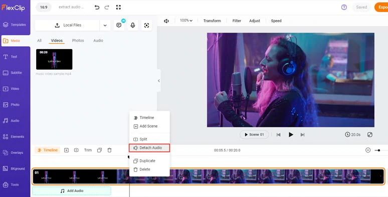 Right-click the video and select detach audio to extract audio from the video