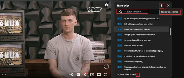 Search for keywords in a YouTube transcript or toggle timestamps and more