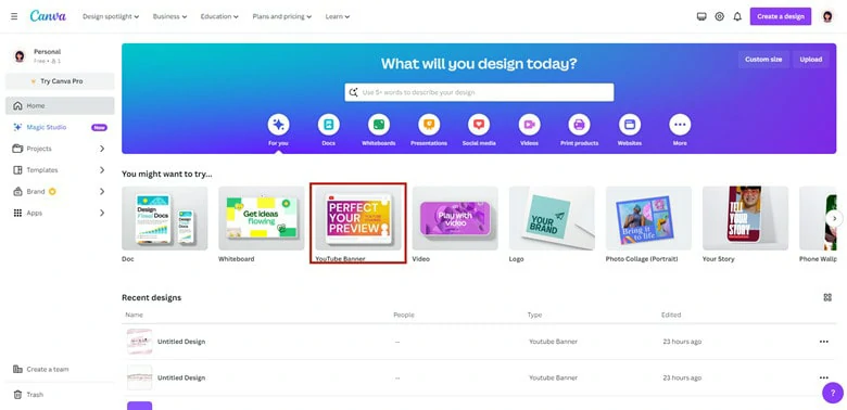 Enter Canva and Select the YouTube Banner Feature
